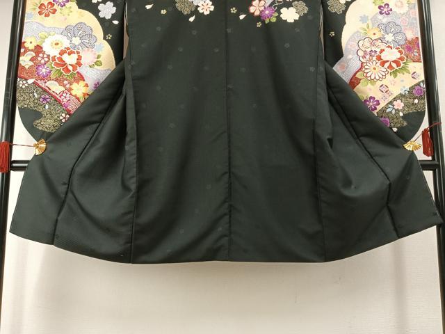 平和屋着物●小振袖　二尺袖　草花文　黒地　金彩　AABG4496fy