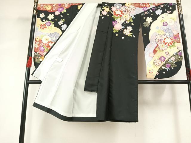 平和屋着物●小振袖　二尺袖　草花文　黒地　金彩　AABG4496fy