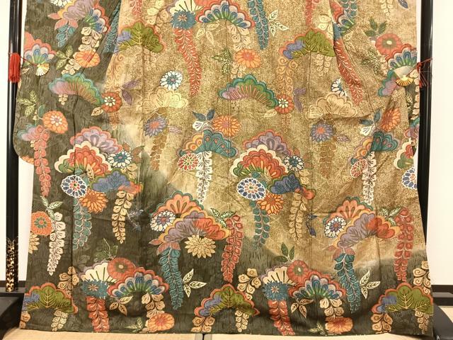 平和屋着物●豪華振袖　ふくれ織　松　草花文　暈し染め　金彩　正絹　逸品　AABG4498fy
