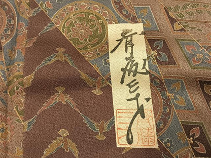 平和屋着物●染色作家　斉藤三才　小紋　切嵌花鳥文　金彩　正絹　逸品　AABG4511fy