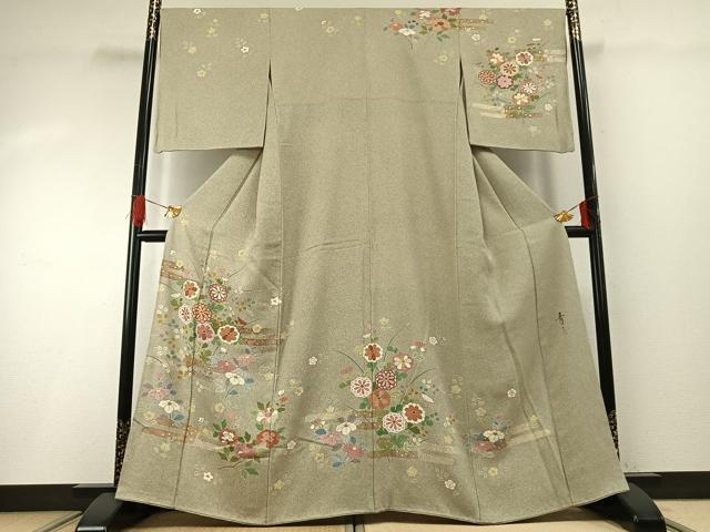 平和屋着物●京友禅の第一人者　松井青々　訪問着　草花文　金彩　正絹　逸品　AABG4531fy