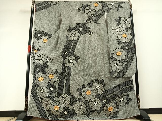 平和屋着物●豪華振袖　駒刺繍　総刺繍　絞り　草花文　黒地　正絹　逸品　AABG4547fy
