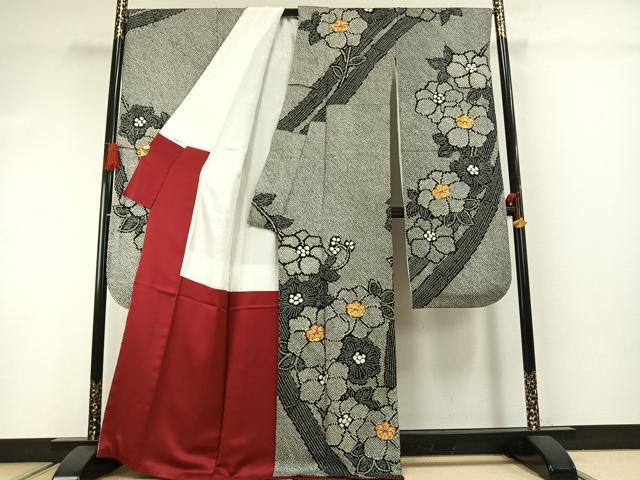 平和屋着物●豪華振袖　駒刺繍　総刺繍　絞り　草花文　黒地　正絹　逸品　AABG4547fy