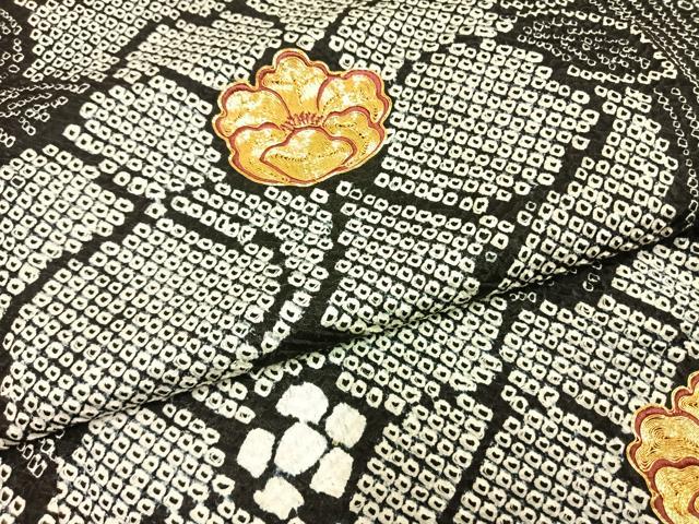 平和屋着物●豪華振袖　駒刺繍　総刺繍　絞り　草花文　黒地　正絹　逸品　AABG4547fy