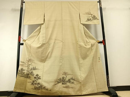 平和屋着物●訪問着　紬地　作家物　手描き　風景樹林文　正絹　逸品　AABG4550fy