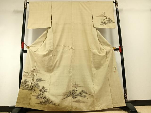 平和屋着物●訪問着　紬地　作家物　手描き　風景樹林文　正絹　逸品　AABG4550fy