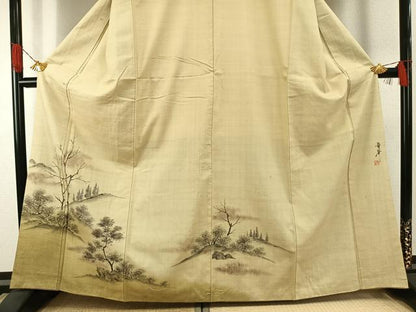 平和屋着物●訪問着　紬地　作家物　手描き　風景樹林文　正絹　逸品　AABG4550fy