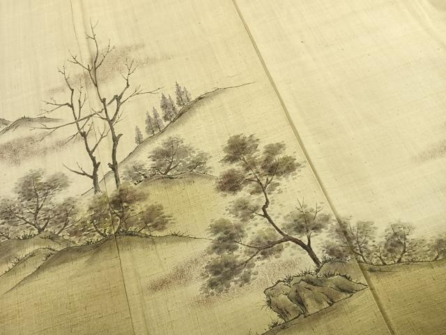 平和屋着物●訪問着　紬地　作家物　手描き　風景樹林文　正絹　逸品　AABG4550fy