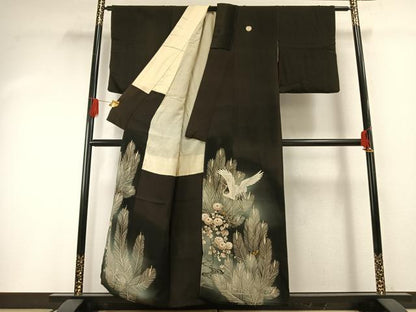 平和屋着物●アンティーク　大正ロマン　黒留袖　中国三大刺繍　相良刺繍　花鳥文　暈し染め　正絹　逸品　AABG4557fy