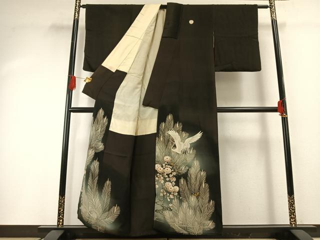 平和屋着物●アンティーク　大正ロマン　黒留袖　中国三大刺繍　相良刺繍　花鳥文　暈し染め　正絹　逸品　AABG4557fy