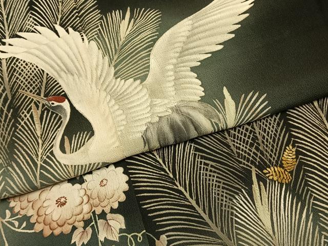 平和屋着物●アンティーク　大正ロマン　黒留袖　中国三大刺繍　相良刺繍　花鳥文　暈し染め　正絹　逸品　AABG4557fy