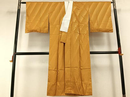 平和屋着物●長襦袢　無双仕立て　斜縞地紋　黄朽葉色　正絹　逸品　AABG4559fy