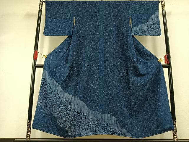 平和屋着物●本藍　訪問着　霞取り文　鬼しぼ縮緬　健勝苑扱い　正絹　逸品　未使用　AABG4566fy