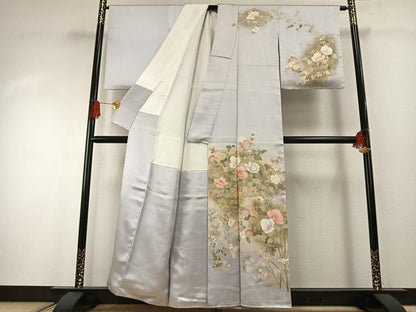 平和屋着物●訪問着　刺繍　草花文　暈し染め　金彩　正絹　逸品　AABG4569fy