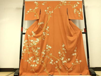 平和屋着物●訪問着　駒刺繍　枝花文　金彩　ロング丈　正絹　逸品　AABG4584fy