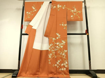 平和屋着物●訪問着　駒刺繍　枝花文　金彩　ロング丈　正絹　逸品　AABG4584fy