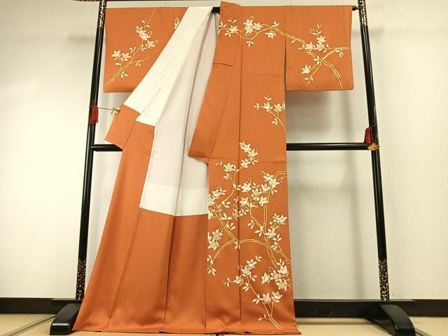 平和屋着物●訪問着　駒刺繍　枝花文　金彩　ロング丈　正絹　逸品　AABG4584fy