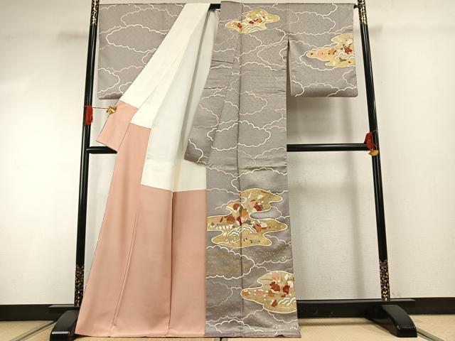 平和屋着物●訪問着　友禅　雲取り花文　金彩　ロング丈　正絹　逸品　AABG4585fy