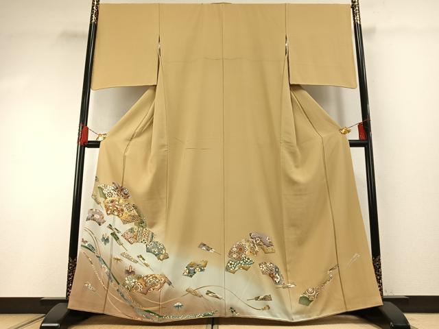 平和屋着物●豪華色留袖　駒刺繍　地紙花鳥文　暈し染め　金彩　正絹　逸品　AABG4591fy