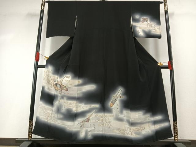 平和屋着物●訪問着　楽器花文　暈し染め　黒地　金銀彩　正絹　逸品　AABG4608fy