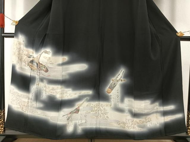 平和屋着物●訪問着　楽器花文　暈し染め　黒地　金銀彩　正絹　逸品　AABG4608fy