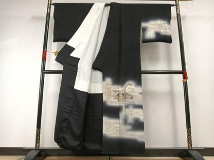 平和屋着物●訪問着　楽器花文　暈し染め　黒地　金銀彩　正絹　逸品　AABG4608fy