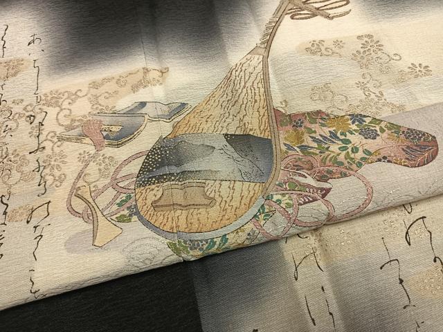 平和屋着物●訪問着　楽器花文　暈し染め　黒地　金銀彩　正絹　逸品　AABG4608fy