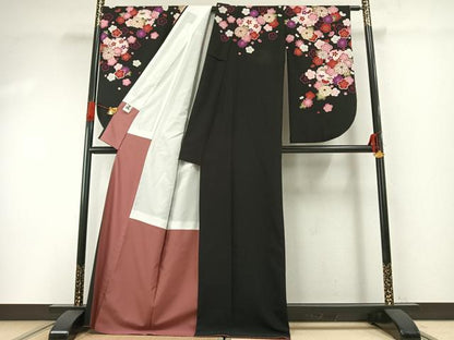 平和屋着物●世界的ファッションデザイナー　山本寛斎　kansaiブランド　小振袖　二尺袖　雪輪花文　黒地　洗える着物　AABG4616fy