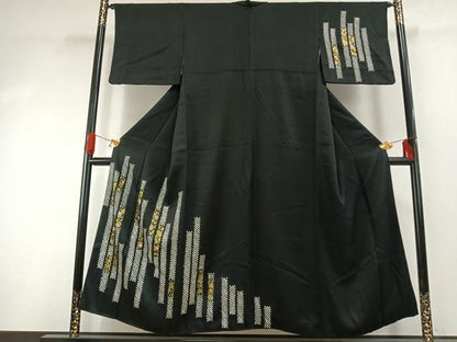 平和屋着物●訪問着　絞り　刺繍　花唐草文　黒地　金彩　正絹　逸品　AABG4622fy
