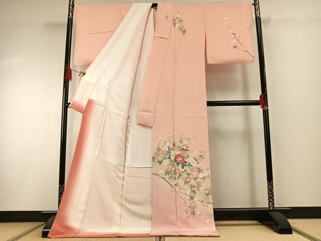 平和屋着物●訪問着　友禅　作家物　枝花文　暈し染め　ロング丈　正絹　逸品　AABG4626fy