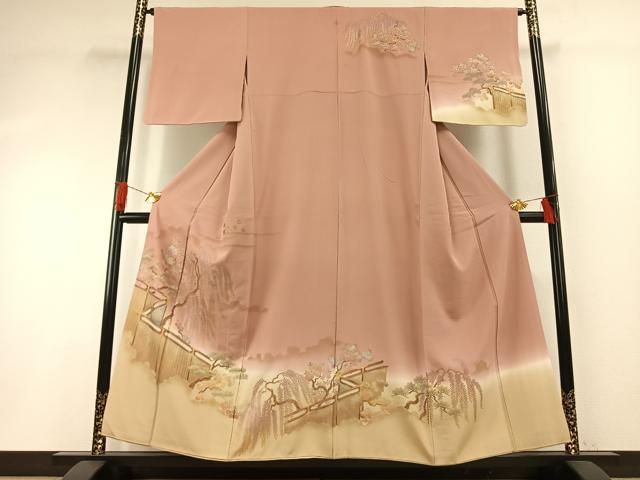 平和屋着物●訪問着　風景枝梅松文　暈し染め　金銀彩　正絹　逸品　AABG4627fy