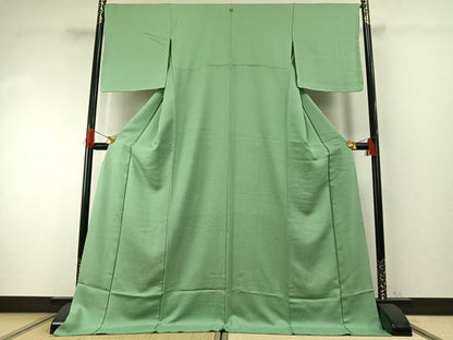 平和屋着物●上質な色無地　若緑色　ロング丈　正絹　逸品　未使用　AABG4630fy
