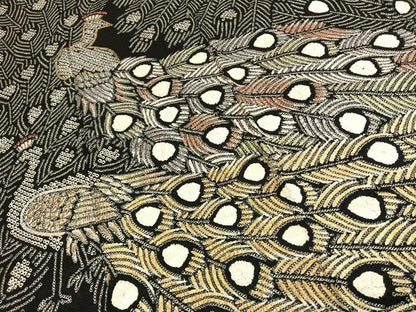 平和屋着物●豪華振袖・長襦袢(無双仕立て)セット　絞り　孔雀　黒地　金銀彩　正絹　逸品　AABG4651fy
