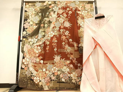 平和屋着物●豪華振袖・長襦袢(無双仕立て)セット　草花文　暈し染め　金彩　半衿刺繍　正絹　逸品　AABG4652fy