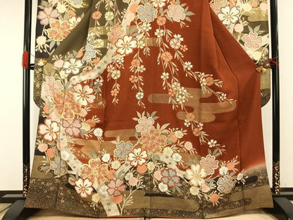 平和屋着物●豪華振袖・長襦袢(無双仕立て)セット　草花文　暈し染め　金彩　半衿刺繍　正絹　逸品　AABG4652fy