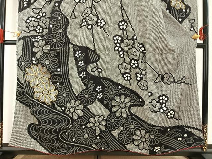 平和屋着物●豪華振袖・長襦袢(無双仕立て)セット　駒刺繍　総絞り　舞花文　黒地　半衿刺繍　正絹　逸品　AABG4653fy