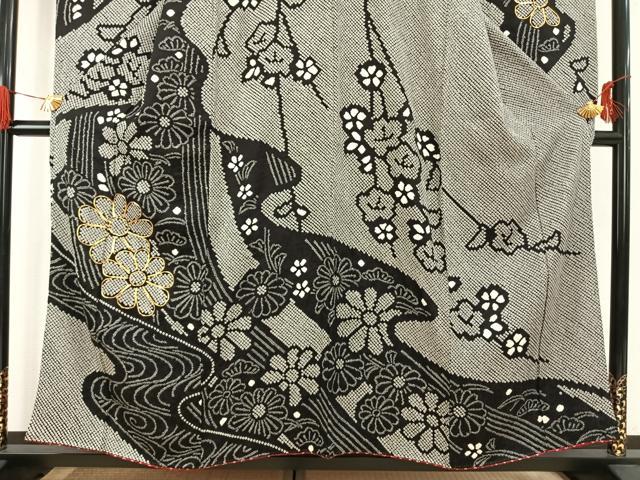 平和屋着物●豪華振袖・長襦袢(無双仕立て)セット　駒刺繍　総絞り　舞花文　黒地　半衿刺繍　正絹　逸品　AABG4653fy