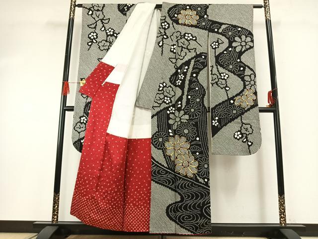 平和屋着物●豪華振袖・長襦袢(無双仕立て)セット　駒刺繍　総絞り　舞花文　黒地　半衿刺繍　正絹　逸品　AABG4653fy