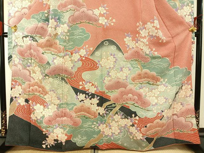 平和屋着物●名門　藤娘きぬたや・総絞り(杢目絞り)　振袖　松竹梅　正絹　逸品　AABG4662fy