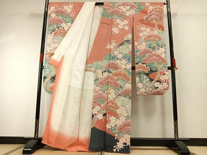 平和屋着物●名門　藤娘きぬたや・総絞り(杢目絞り)　振袖　松竹梅　正絹　逸品　AABG4662fy