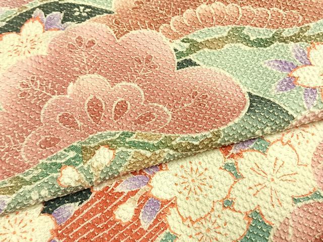 平和屋着物●名門　藤娘きぬたや・総絞り(杢目絞り)　振袖　松竹梅　正絹　逸品　AABG4662fy