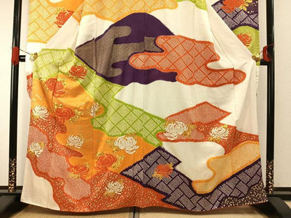 平和屋着物●豪華振袖　駒刺繍　絞り　草花文　金彩　正絹　逸品　AABG4669fy