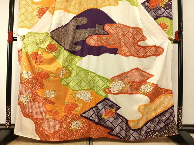 平和屋着物●豪華振袖　駒刺繍　絞り　草花文　金彩　正絹　逸品　AABG4669fy