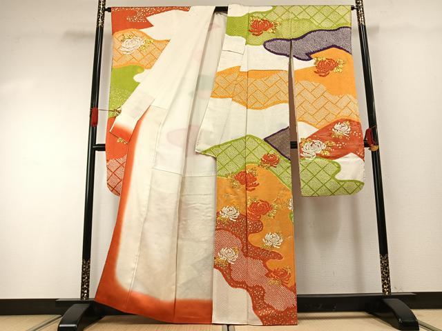 平和屋着物●豪華振袖　駒刺繍　絞り　草花文　金彩　正絹　逸品　AABG4669fy