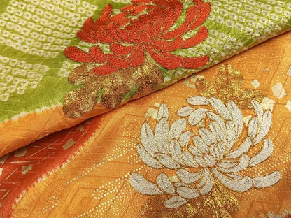 平和屋着物●豪華振袖　駒刺繍　絞り　草花文　金彩　正絹　逸品　AABG4669fy
