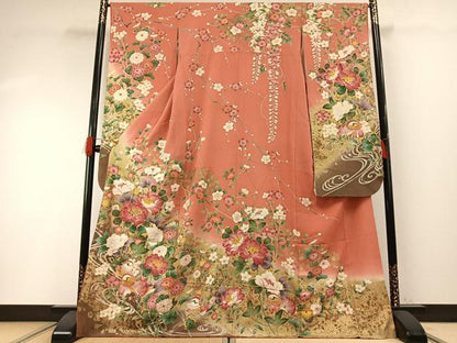 平和屋着物●豪華振袖　駒刺繍　花鳥文　暈し染め　金彩　正絹　逸品　AABG4671fy