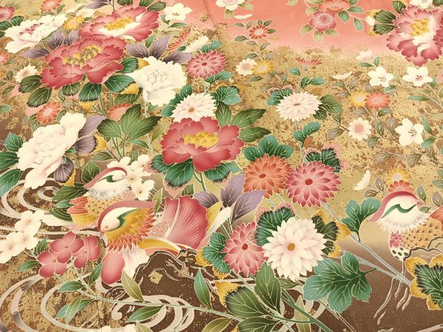 平和屋着物●豪華振袖　駒刺繍　花鳥文　暈し染め　金彩　正絹　逸品　AABG4671fy