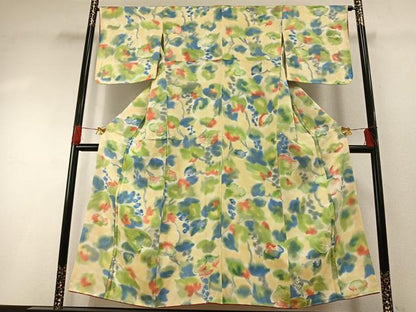 平和屋着物●上質な小紋　地紋起こし　葡萄蔦の葉文　暈し染め　正絹　逸品　未使用　AABG4679fy