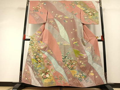 平和屋着物●訪問着　友禅　作家物　駒刺繍　源氏車花楽器文　金彩　正絹　逸品　未使用　AABG4680fy