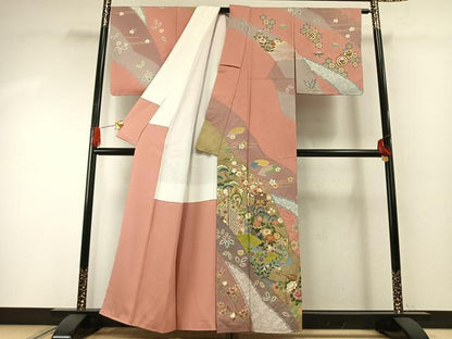 平和屋着物●訪問着　友禅　作家物　駒刺繍　源氏車花楽器文　金彩　正絹　逸品　未使用　AABG4680fy